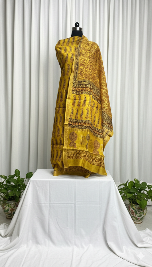 Yellow :3pc Chanderi Silk Bagh handblock Dress Material