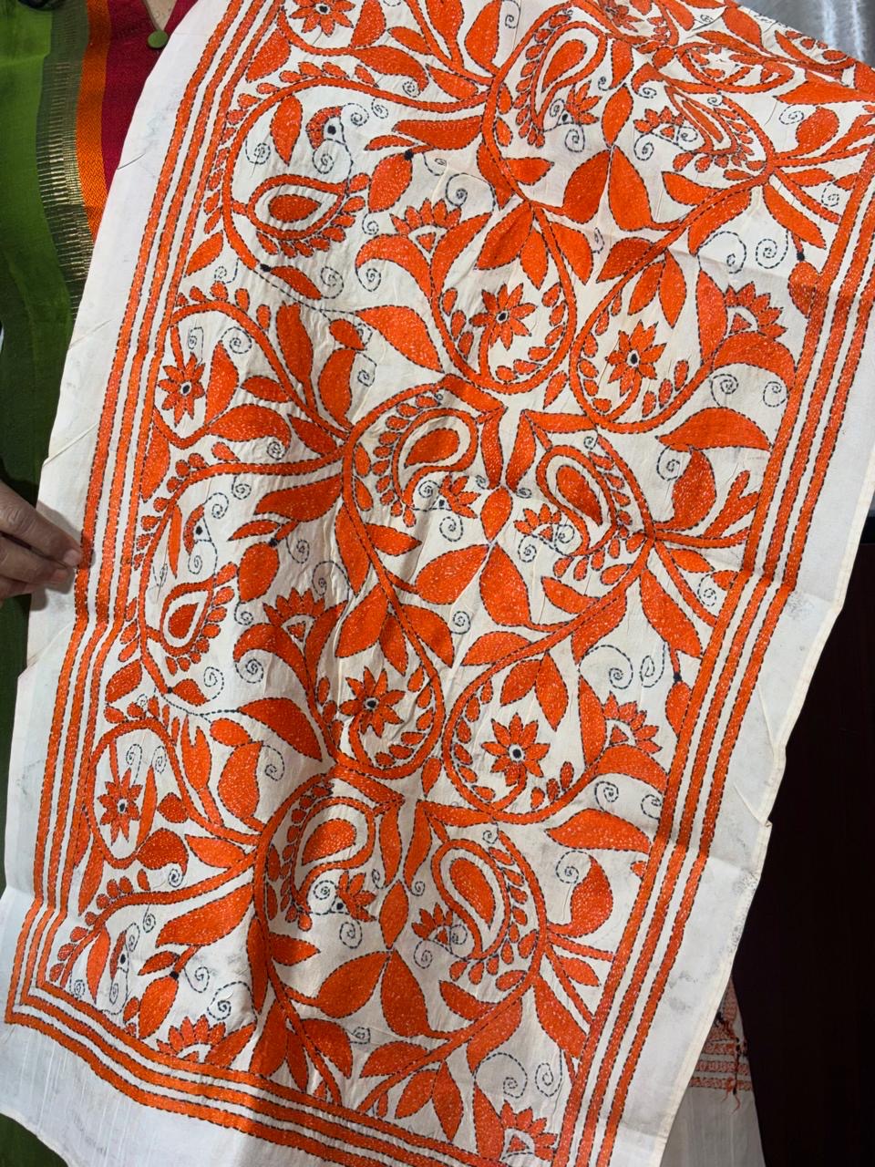 White - Bengal Kantha Embroidery Handloom Tussar Silk Stole