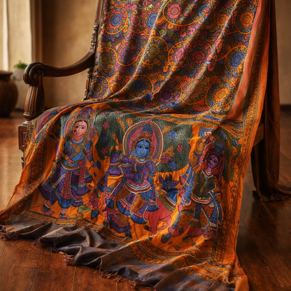 Silk Srikalahasti Handpainted Pen Kalamkari Dupatta 16