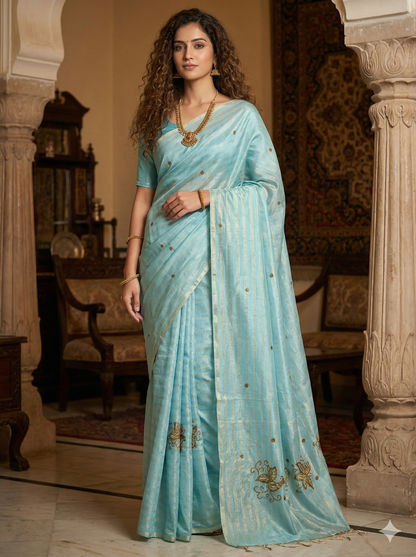 HANDLOOM MAHESHWARI SILK TISSUE ZARI STRIPES SAREE WITH ZARDOSI WORK