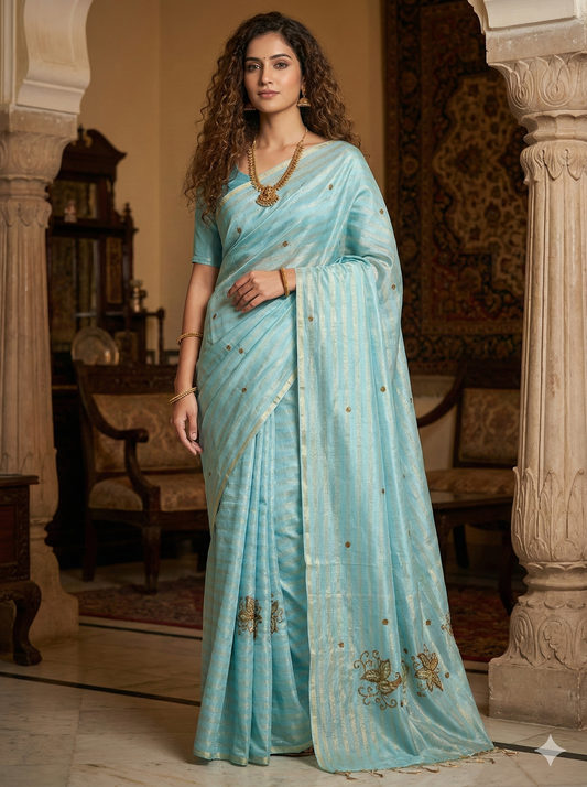 HANDLOOM MAHESHWARI SILK TISSUE ZARI STRIPES SAREE WITH ZARDOSI WORK