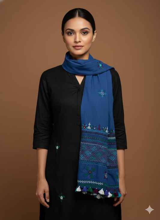Blue - Handcrafted Lambani Khadi Cotton Stole with Multicolor Embroidery and Mirror Work