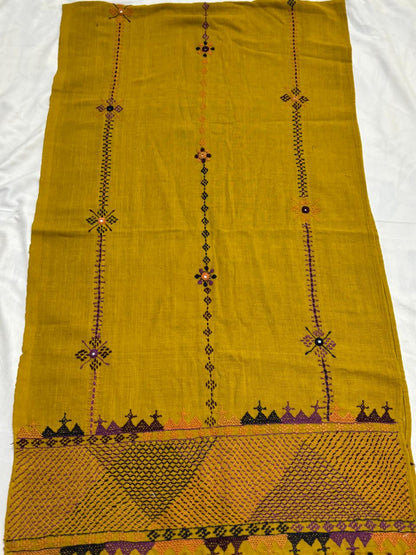 Mustard - Handcrafted Lambani Khadi Cotton Stole with Multicolor Embroidery and Mirror Work