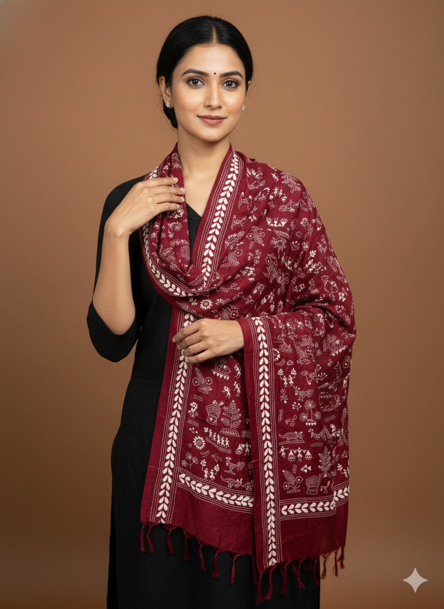 Mehroon - Bengal Kantha Embroidery Handloom Tussar Silk Stole