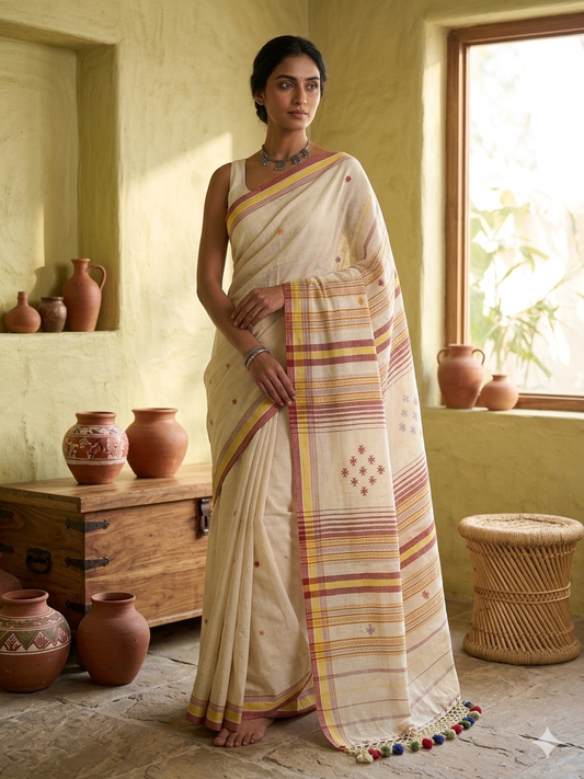 WHITE- ORGANIC KALA COTTON BHUJODI HANDLOOM SAREE