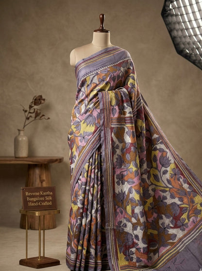 Ash grey- BENGAL HAND EMBROIDERY BANGALORE SILK HANDLOOM KANTHA SAREE