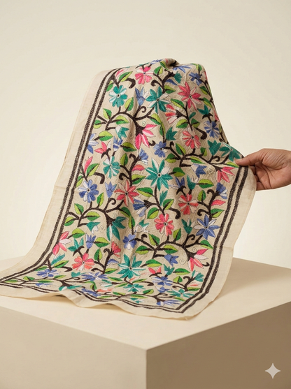 White - Bengal Kantha Embroidery Handloom Tussar Silk Stole