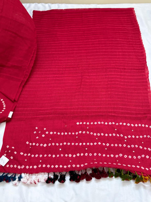 RED - KUTCH MIRROR WORK HANDWOVEN BANDHANI MERINO STOLE