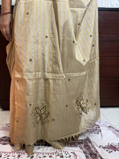 HANDLOOM MAHESHWARI SILK TISSUE ZARI STRIPES SAREE WITH ZARDOSI WORK