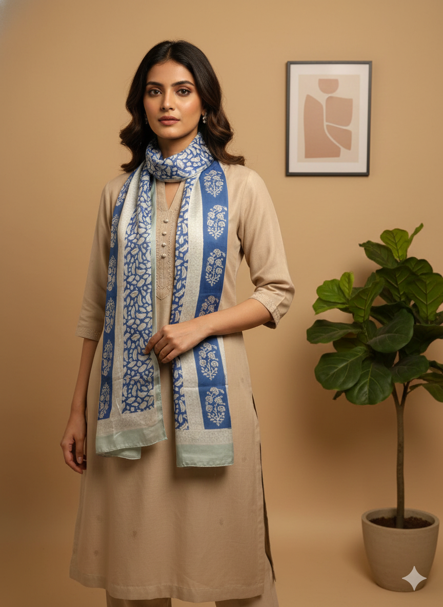 Indigo and White - Bagh Hand Block Modal Silk  Stole