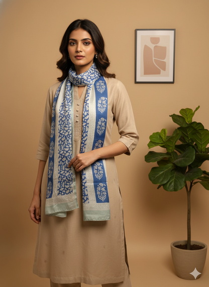 Indigo and White - Bagh Hand Block Modal Silk  Stole