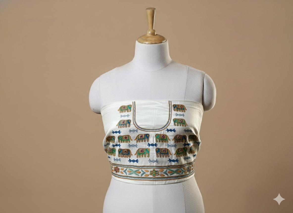 AHIR HAND EMBROIDERY KUTCH MIRROR WORK MASHRU SILK BLOUSE PIECE