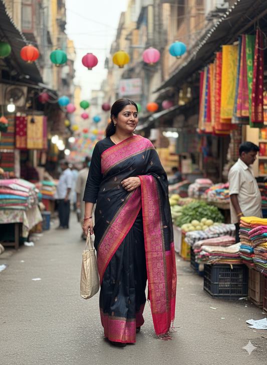 Pure raw  silk Benarsi dual tone  Black and Redsaree