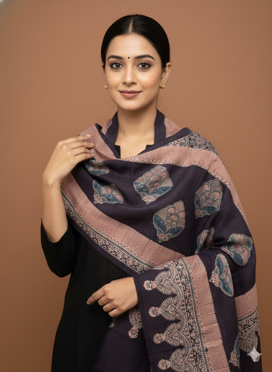 KUTCH HANDWOVEN HANDBLOCK  MERINO WOOL AJRAKH STOLE