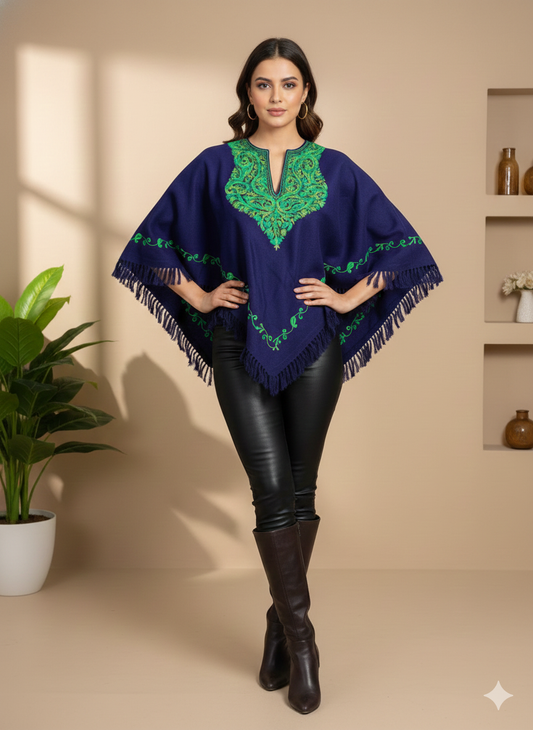 Kashmiri Aari Embroidered Woollen Poncho – | Handcrafted Heritage
