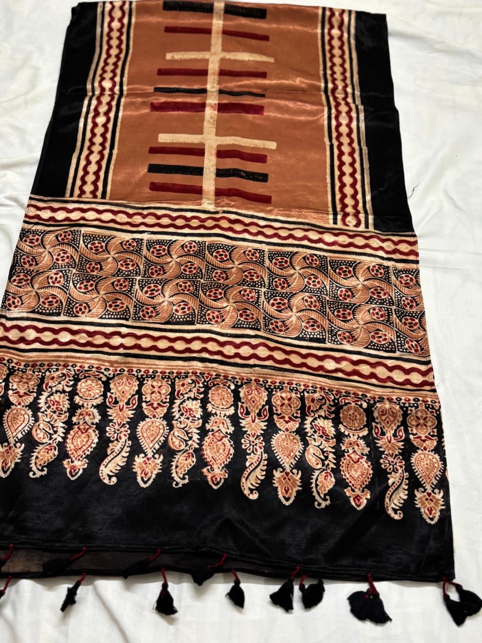 hazel brown- Hand block Mashru Silk Ajrakh Stole 05