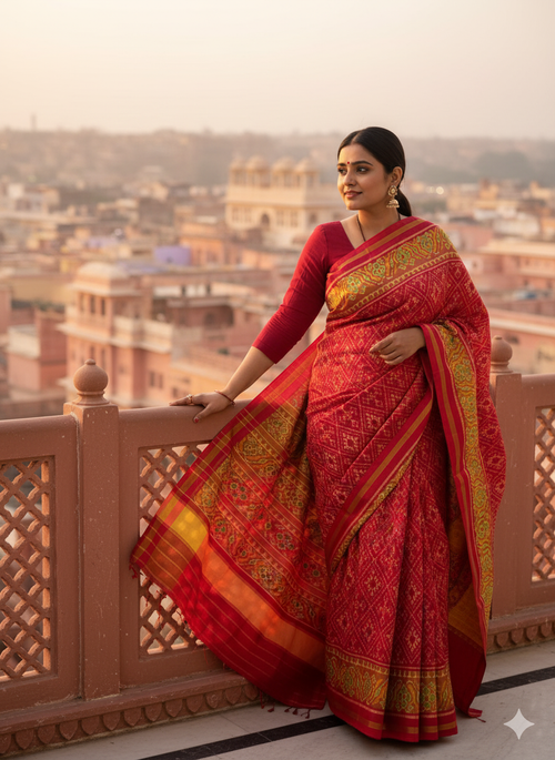 Pure mulberry silk patan Patola single ikkat saree Red