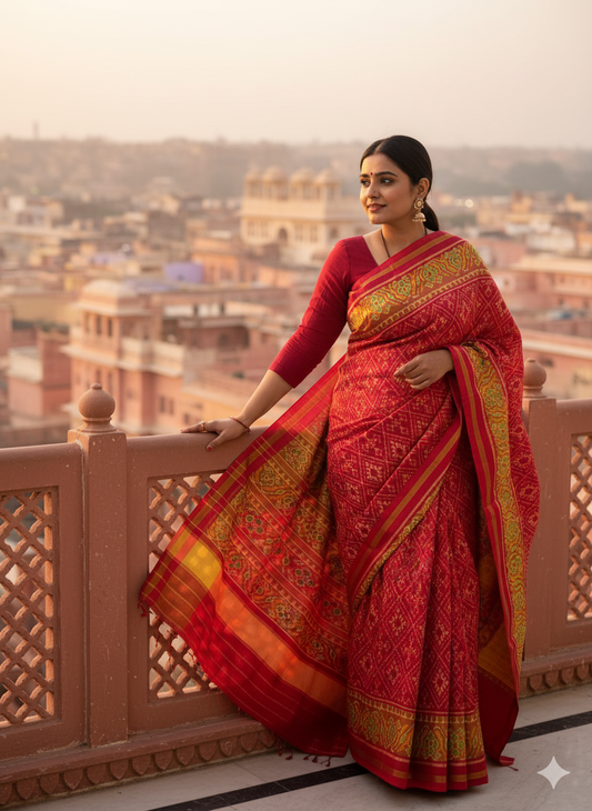 Pure mulberry silk patan Patola single ikkat saree Red