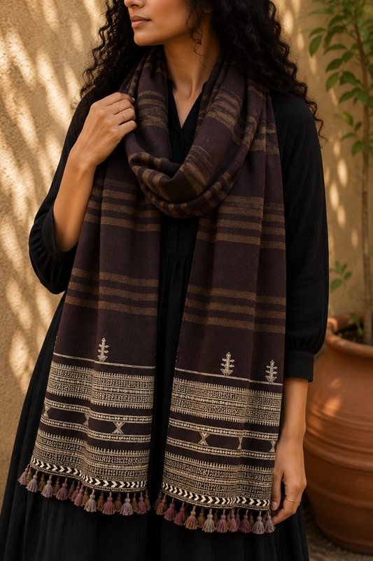 Kutch Bhujodi Weaving Handloom Organic Kala Cotton Stole with Tassels