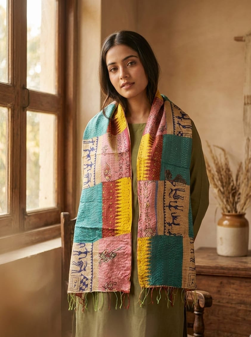 MULTICOLOR - PATCHWORK REVERSIBLE SILK BENGAL HAND KANTHA STITCH STOLE