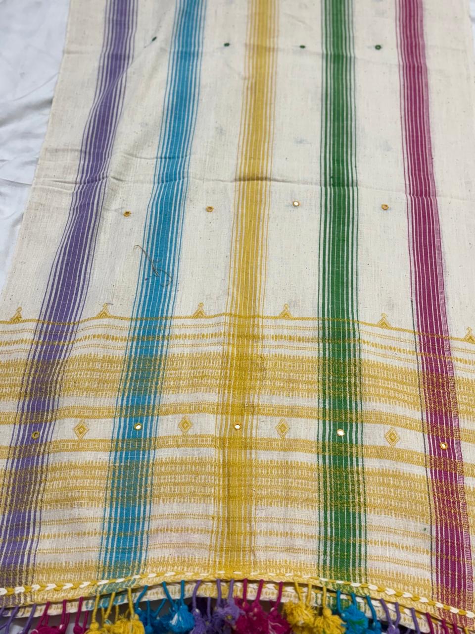 Rainbow Kutch Bhujodi Weaving Handloom Organic Kala Cotton Stole with Tassels with green border weaving