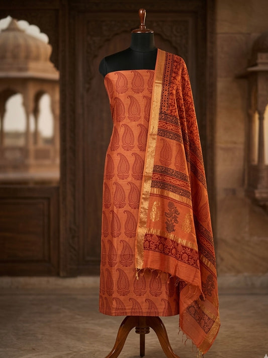 Kesaria - 3pc Maheshwari Silk Bagh handblock Dress Material