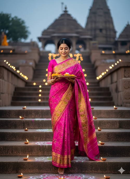 Pure mulberry silk patan Patola single ikkat saree Pink