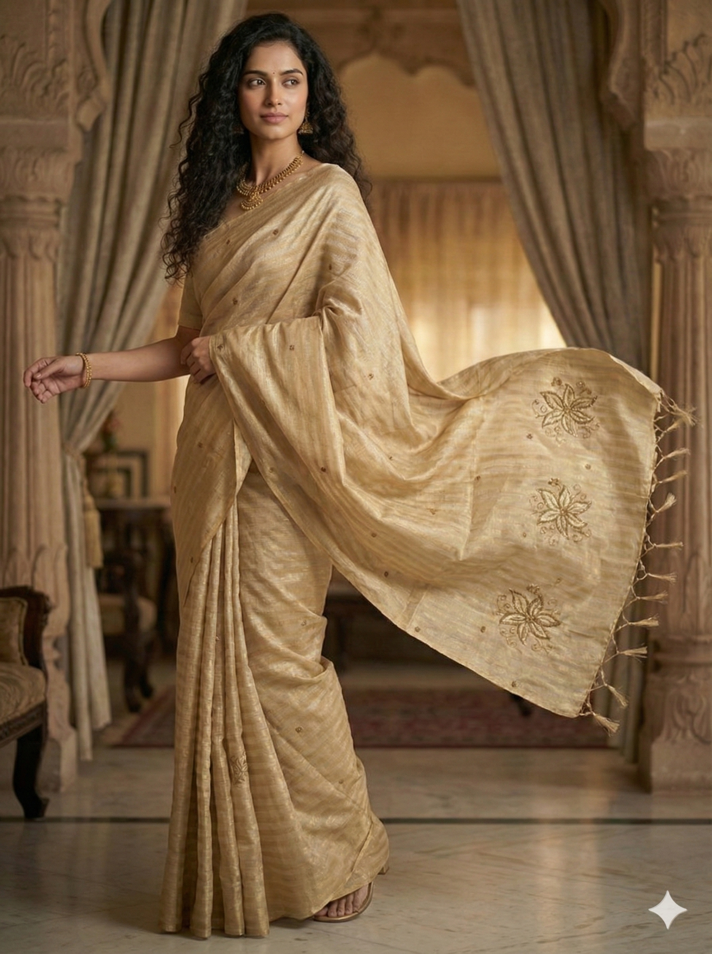 HANDLOOM MAHESHWARI SILK TISSUE ZARI STRIPES SAREE WITH ZARDOSI WORK