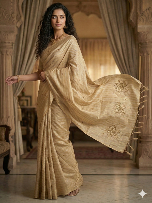 HANDLOOM MAHESHWARI SILK TISSUE ZARI STRIPES SAREE WITH ZARDOSI WORK