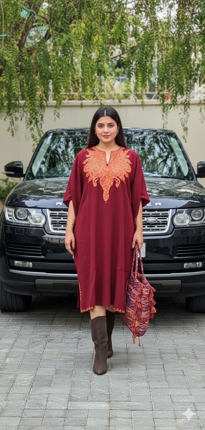 Mehroon - Aari Embroidery Kashmiri Pure Wool Pheran