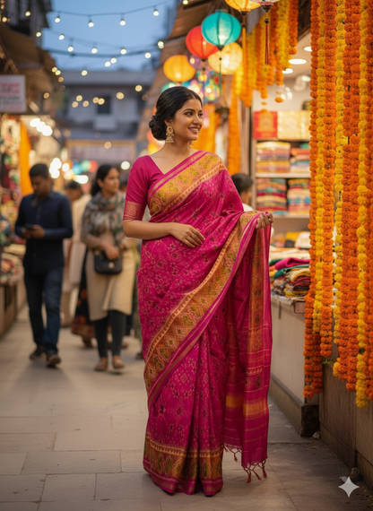 Pure mulberry silk patan Patola single ikkat saree Pink