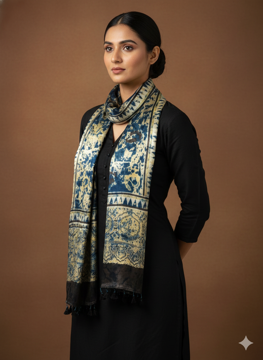 Beige  Hand block Mashru Silk Ajrakh Stole 12