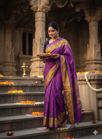 Pure mulberry silk patan Patola single ikkat saree Purple