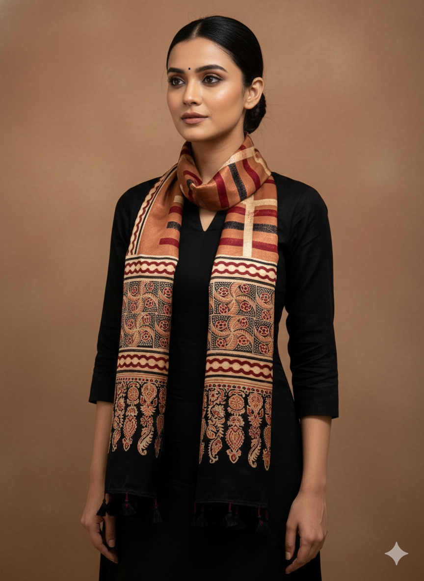 hazel brown- Hand block Mashru Silk Ajrakh Stole 05