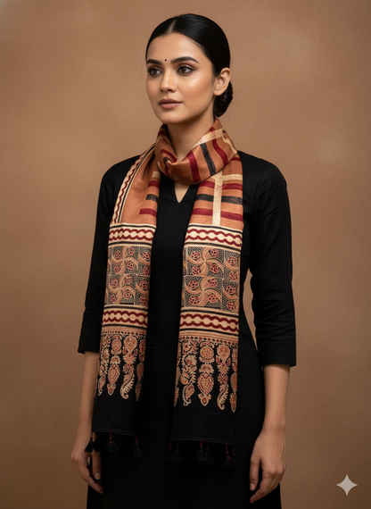 hazel brown- Hand block Mashru Silk Ajrakh Stole 05