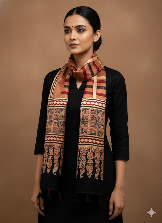 hazel brown- Hand block Mashru Silk Ajrakh Stole 05