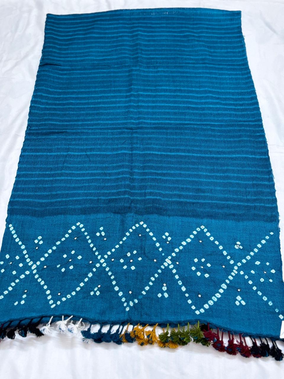 BLUE- KUTCH MIRROR WORK HANDWOVEN BANDHANI MERINO STOLE