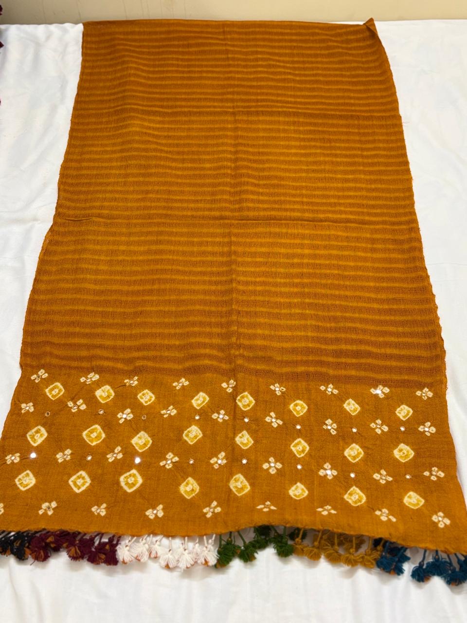 MUSTARD KUTCH MIRROR WORK HANDWOVEN BANDHANI MERINO STOLE