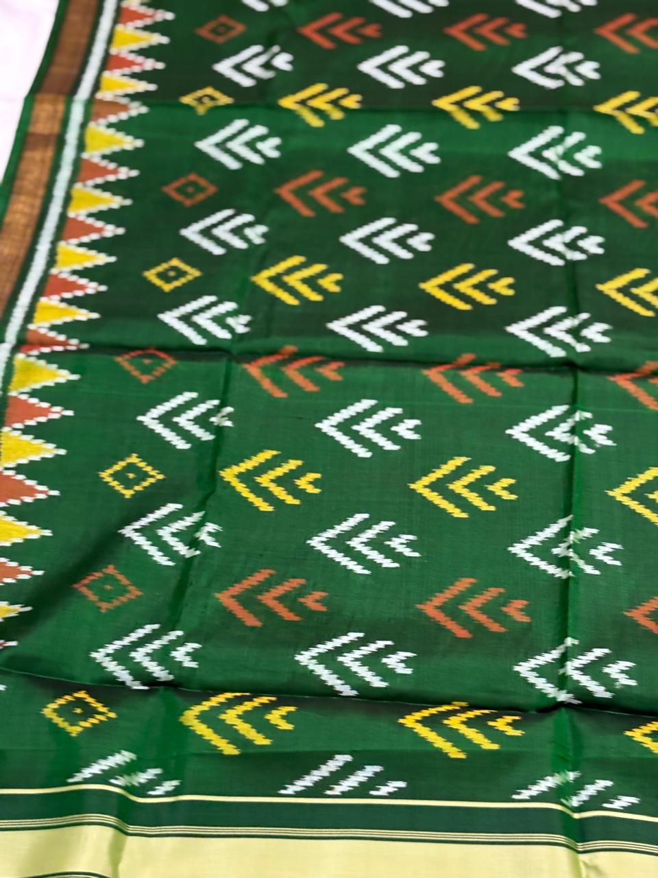 Green handloom pure mulberry silk  Patola dupatta with hathi motif