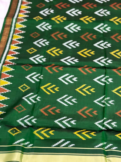 Green handloom pure mulberry silk  Patola dupatta with hathi motif