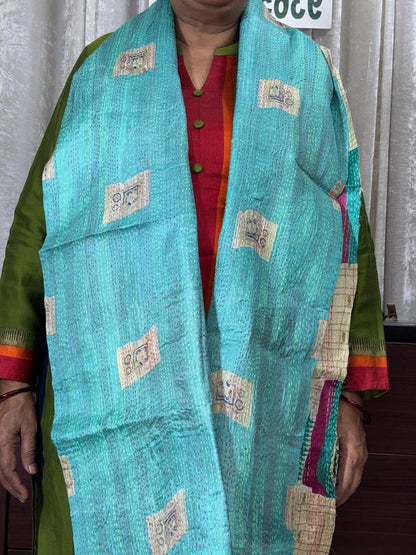 MULTICOLOR - PATCHWORK REVERSIBLE SILK BENGAL HAND KANTHA STITCH STOLE