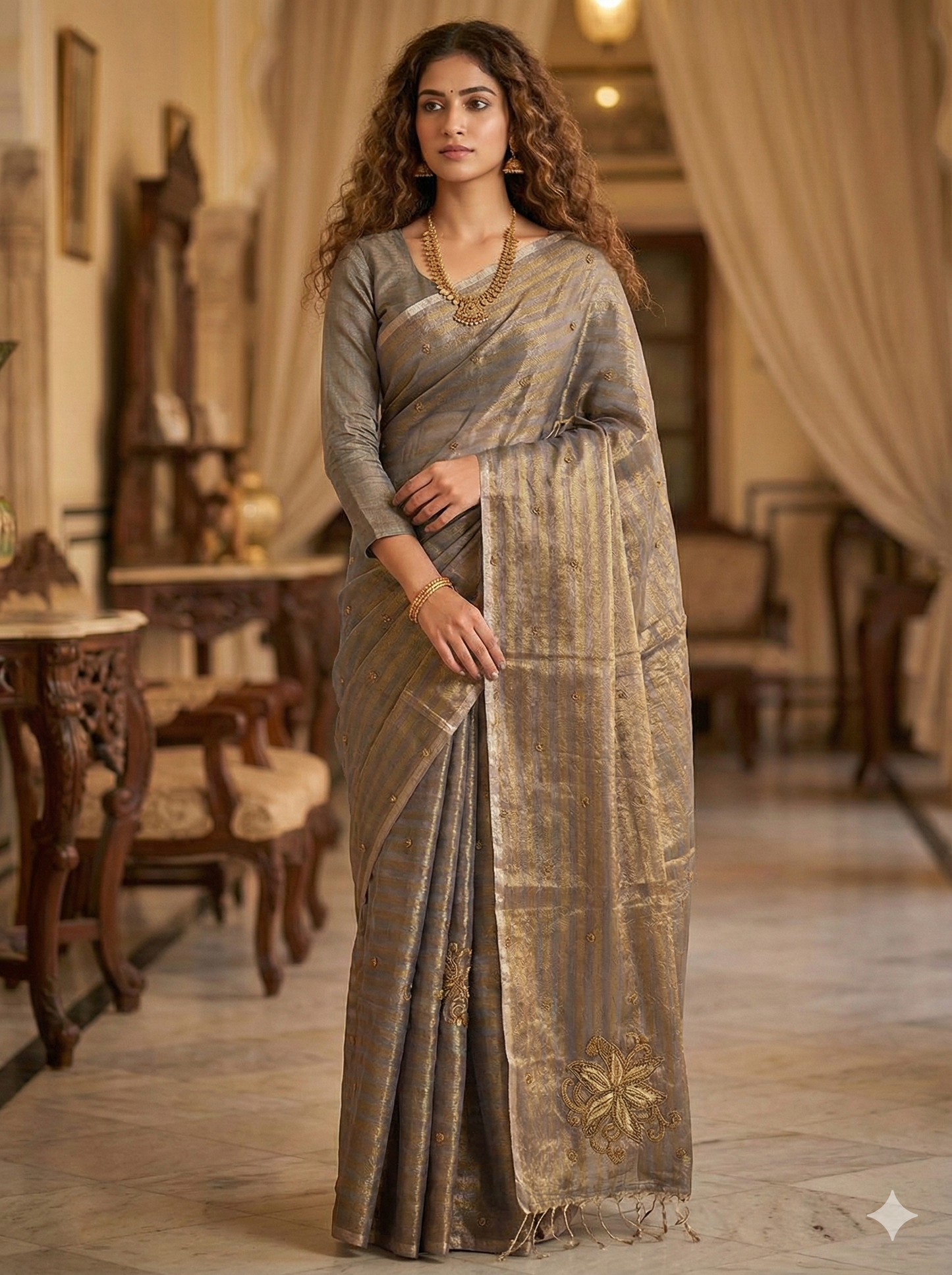HANDLOOM MAHESHWARI SILK TISSUE ZARI STRIPES SAREE WITH ZARDOSI WORK