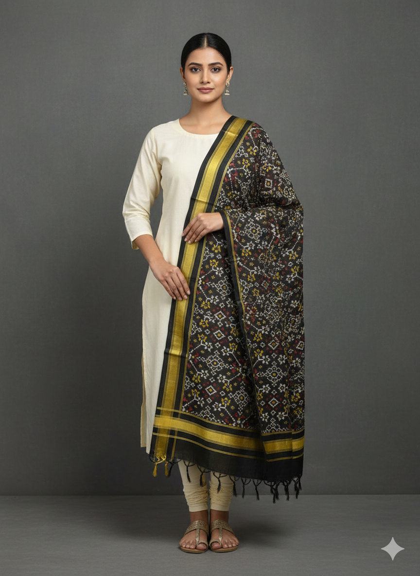 Black handloom pure mulberry silk  Patola dupatta with hathi motif