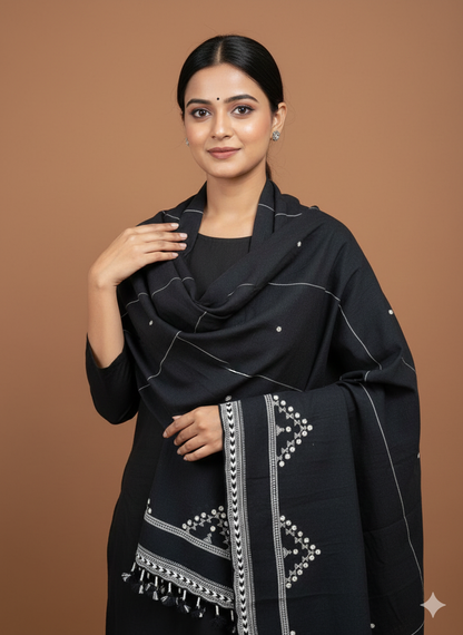 Black Kutch Bhujodi Weaving Handloom Organic Kala Cotton Stole with Tassels