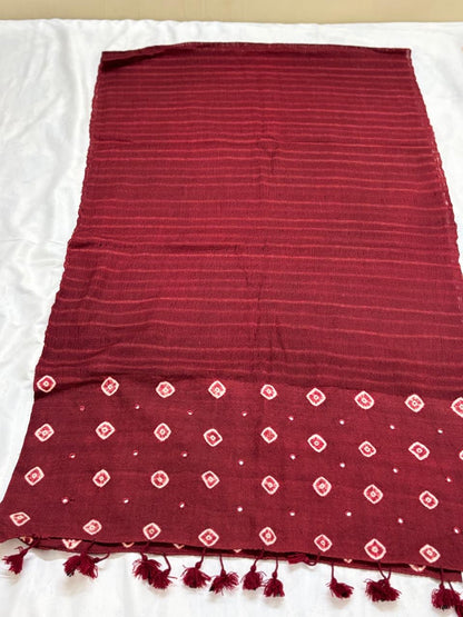 MAROON - KUTCH MIRROR WORK HANDWOVEN BANDHANI MERINO STOLE