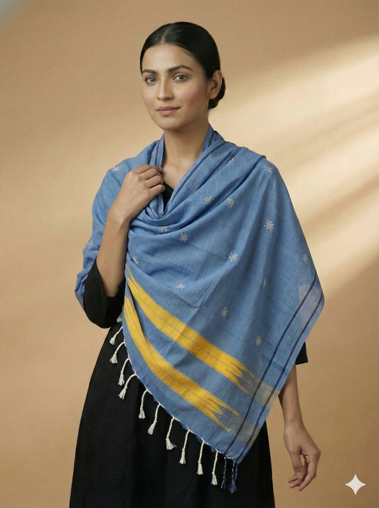 Sky blue Ilkal Cotton Silk w. Kasuti Stole