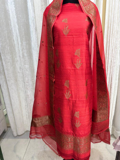 Red Handwoven Benarsi Pure Raw silk Suit set