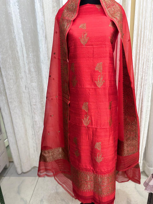 Red Handwoven Benarsi Pure Raw silk Suit set