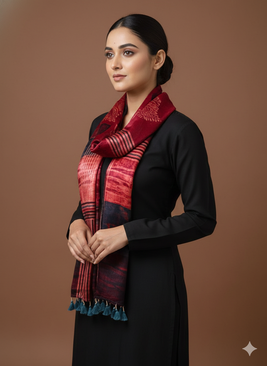 Beige - Hand block Mashru Silk Ajrakh Stole 04