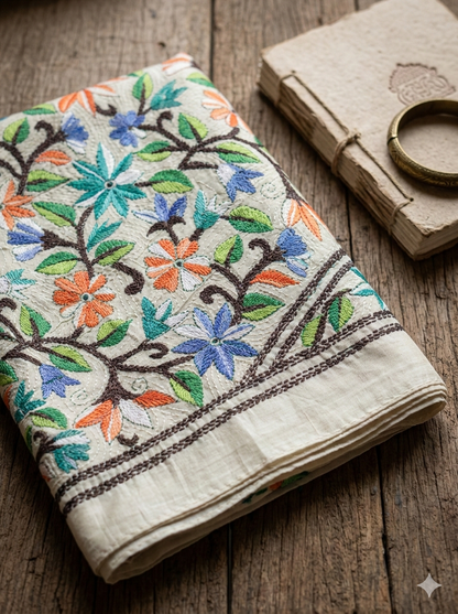 White - Bengal Kantha Embroidery Handloom Tussar Silk Stole